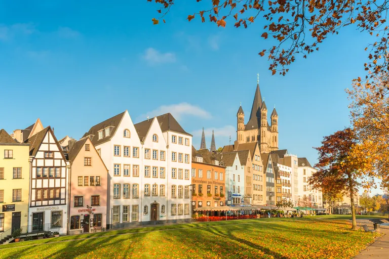 Rheingarten park and old town with Great St. Martin church in Cologne